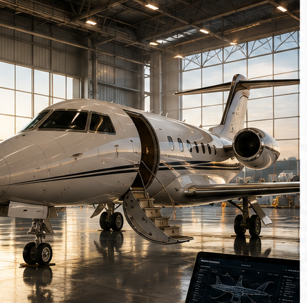 Business jet in a hangar with technical review underway