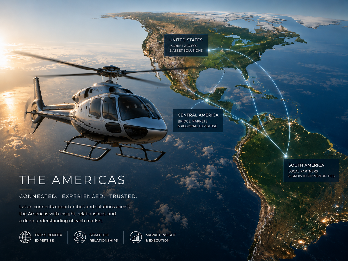 Helicopter over the Americas with United States, Central America and South America market connections