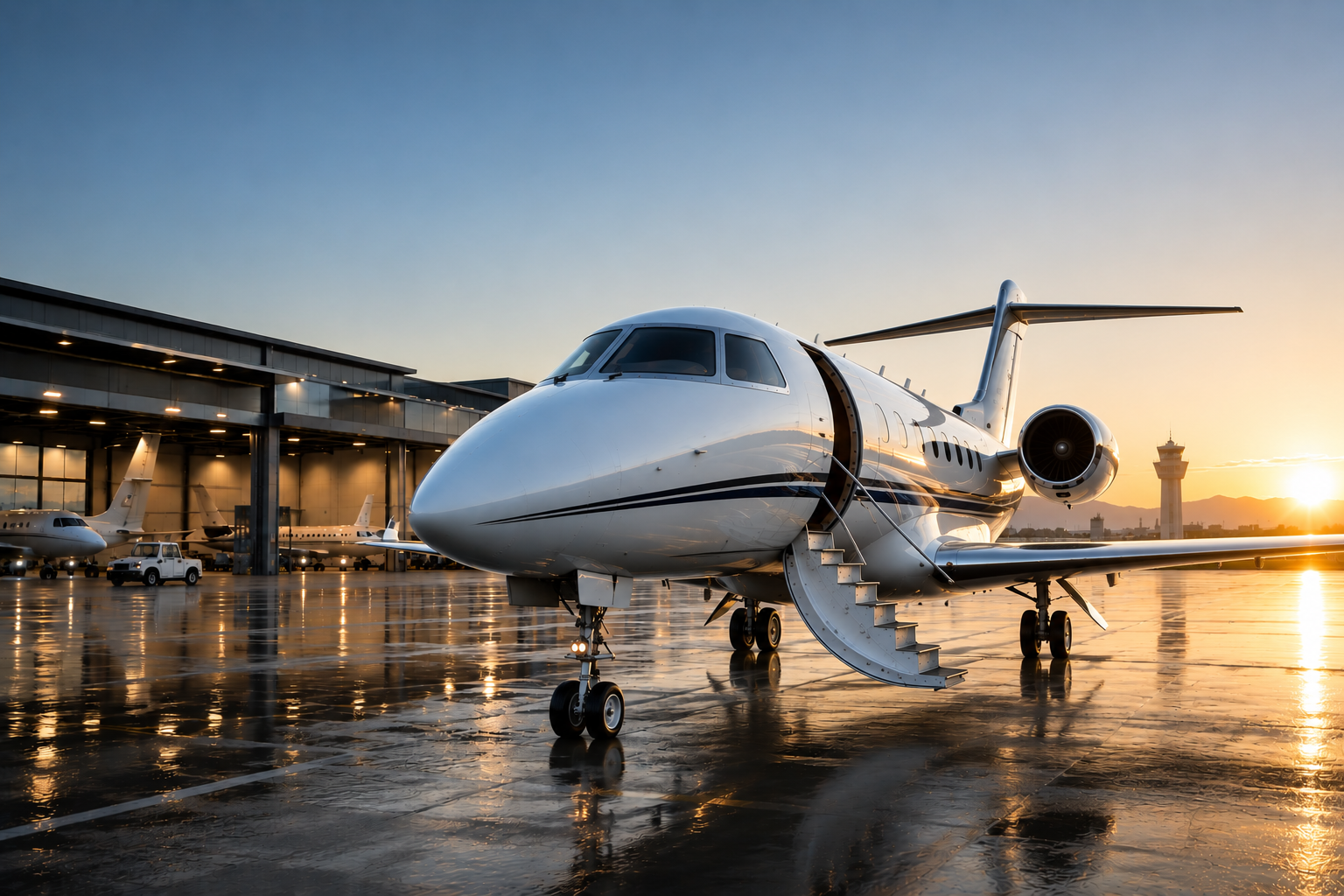 Business jet on a hangar apron at sunset, ready for departure