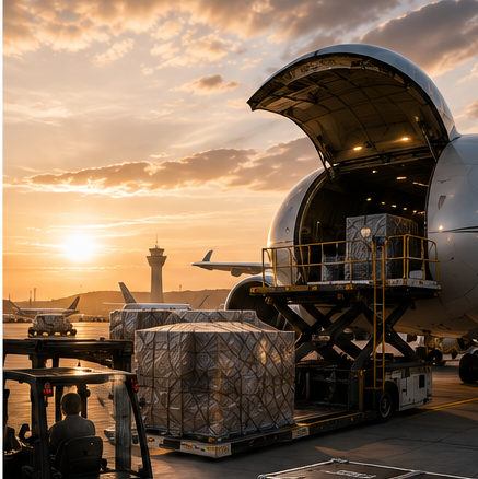 Freight being loaded into a cargo aircraft at sunset