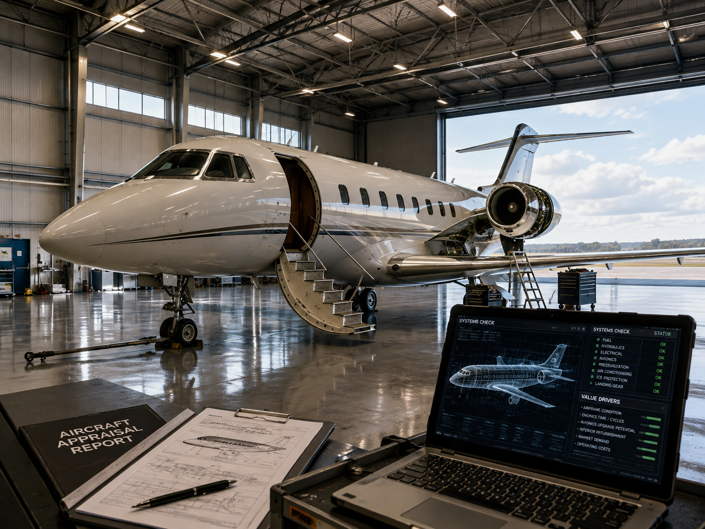 Aircraft in a maintenance hangar alongside an appraisal report and systems-check analysis